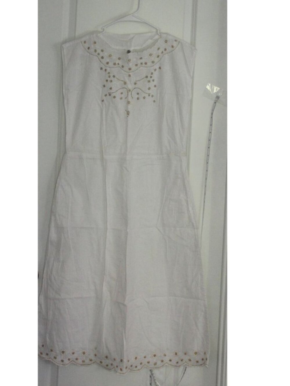 Women's White Cotton Midi Dress Embroidered Scalloped Hem (No Size)